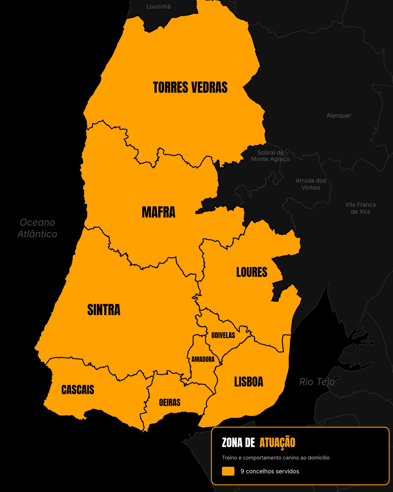 Mapa da Grande Lisboa com as zonas de atuação ao domicílio assinaladas: Torres Vedras, Ericeira, Mafra, Sintra, Mem Martins, Belas, Amadora, Cascais, São Pedro do Estoril, Carcavelos, Oeiras, Paço de Arcos, Linda-a-Velha, Odivelas, Loures, Santo António dos Cavaleiros, Bobadela, Sacavém, Alvalade, Avenida da Liberdade e Lisboa centro.